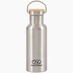 Highlander 500ml Campsite Insulated Aluminium Water Bottle Bamboo Lid Silver