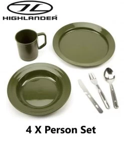 Highlander 4 X Person Plastic Unbreakable Poly Mug Plate Bowl And KFS Cutlery Set Olive