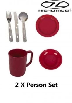 Highlander 2 X Camping Set Plastic Mug Plate Bowl KFS Knife Fork Spoon Raspberry