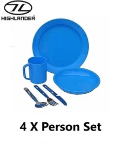 Highlander 4 X Person Plastic Unbreakable Poly Mug Plate Bowl And KFS Cutlery Set Blue -Highlander 6156